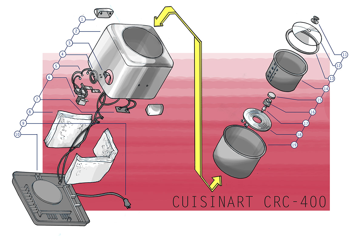 Exploded view technical drawing rice cooker rendering