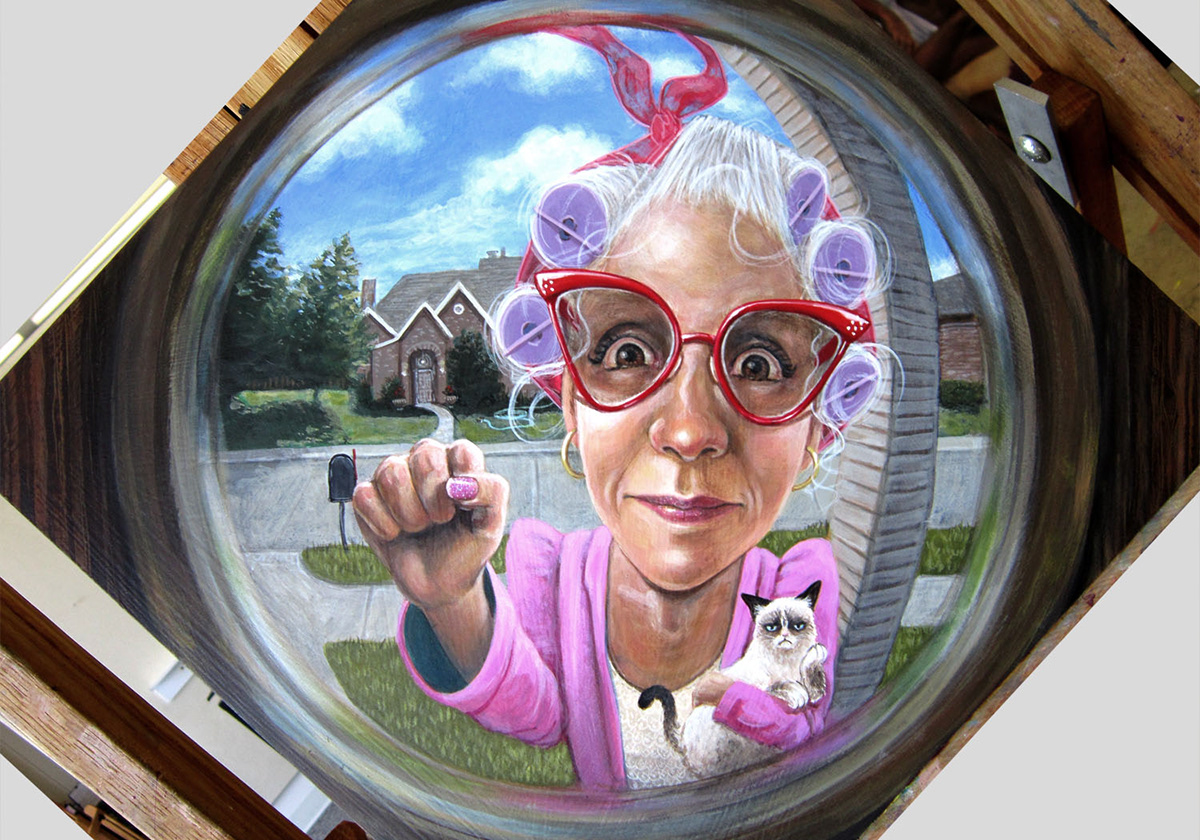 old lady neighborg curious  cat  curlers white hair vintage glasses pink coat