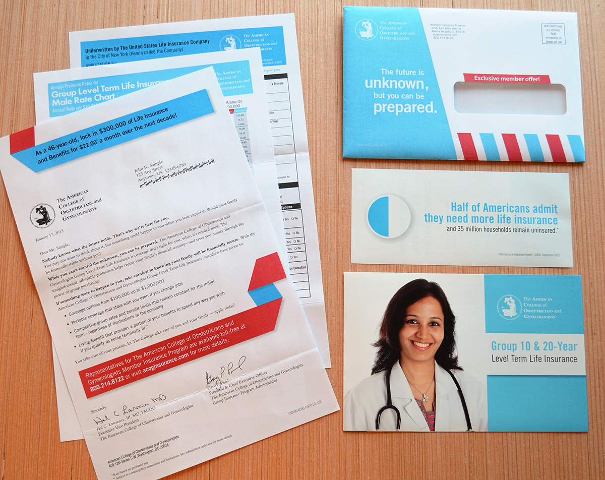 Direct mail coloful blue red Gynecologists insurance Life Insurance