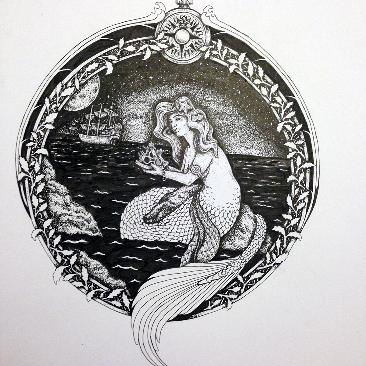 ink pen inkpen artist mermaid sailing nautical stars moon compass ornamental flourish Nature fantasy whimsical