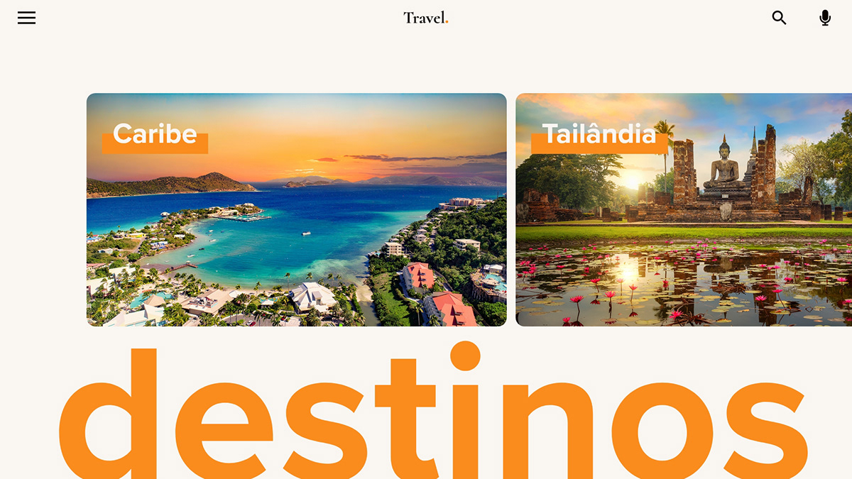 Website: Big letters saying "Destinies", above it some cards with pictures from Caribe and Thailand 