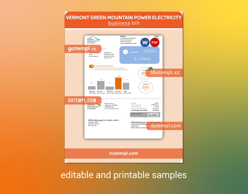 Vermont power electricity Utility Bill bill template example sample samples business