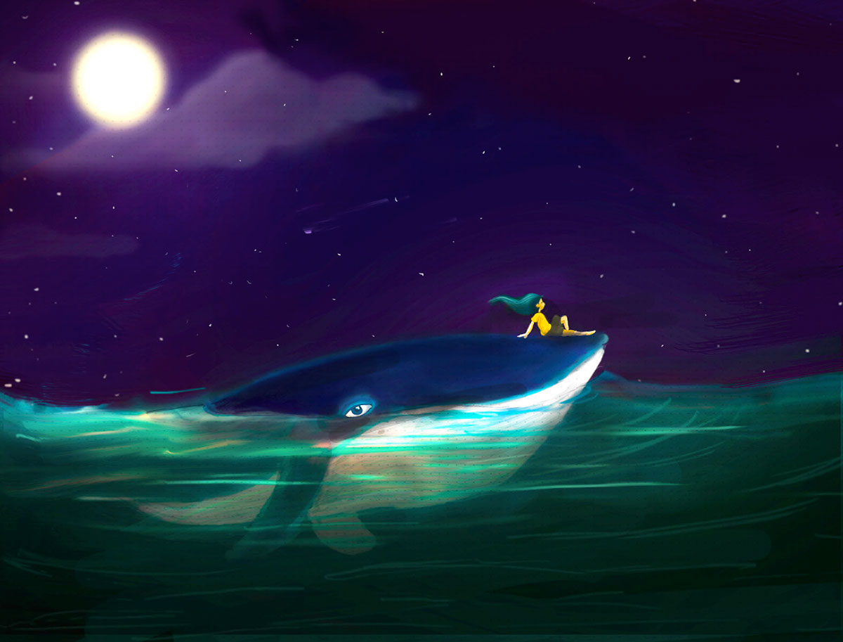 Whale sheeps Lonely Goatheard journey night moon light