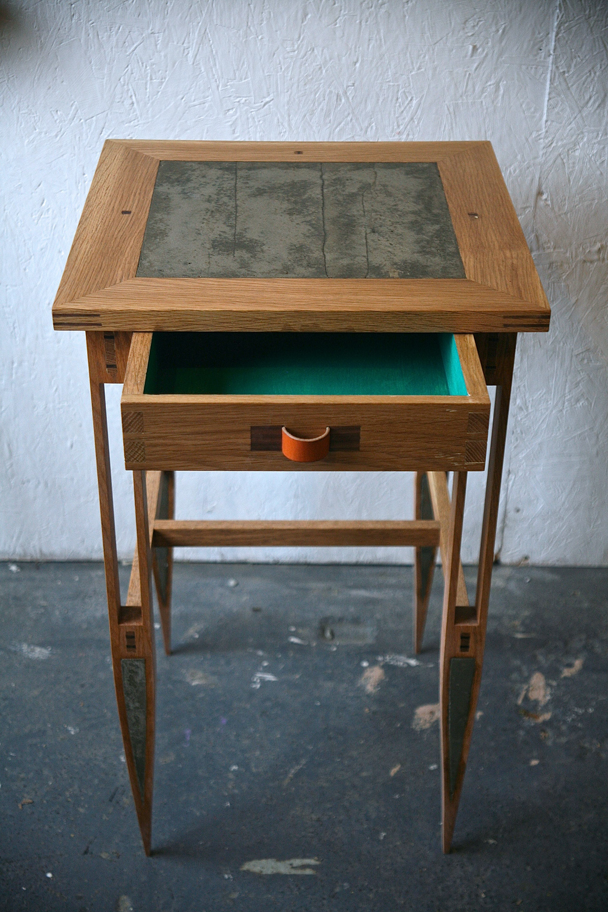 oak concrete leather green drawer table Carpentry handmade temper temperstudio temper ltd