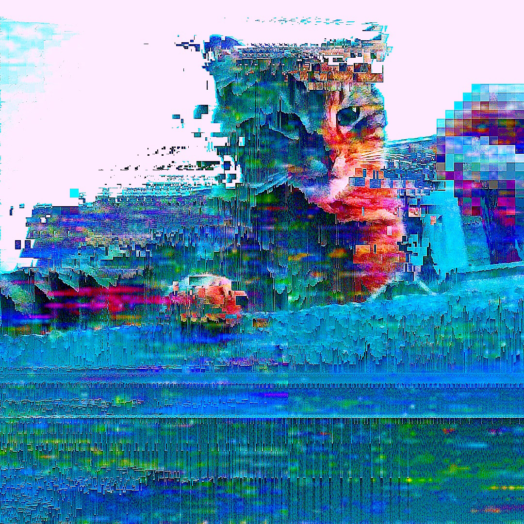 hardcore glitched composition made from a cat picture, mostly blue
