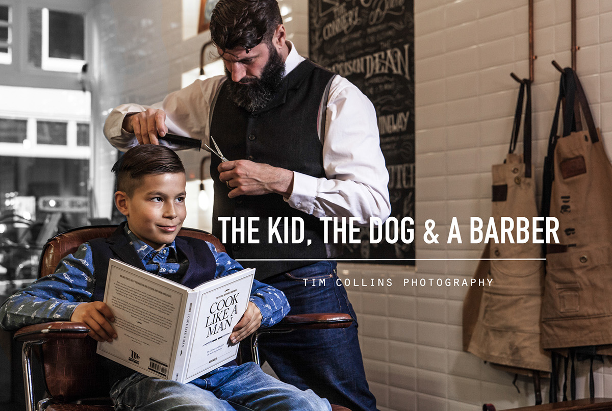 Denim barber dog lifestlye barbershop kids fashion