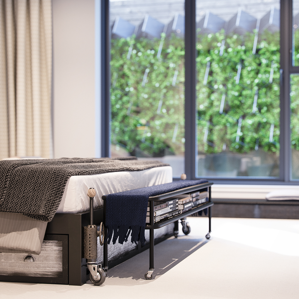 Interior 3D penthouse home bedroom bed rendering balcony design modern London