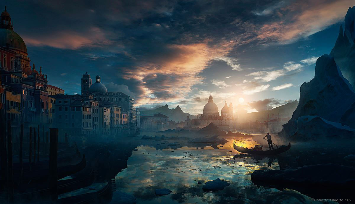 Matte Painting Venice sea water sunset ice clouds SKY