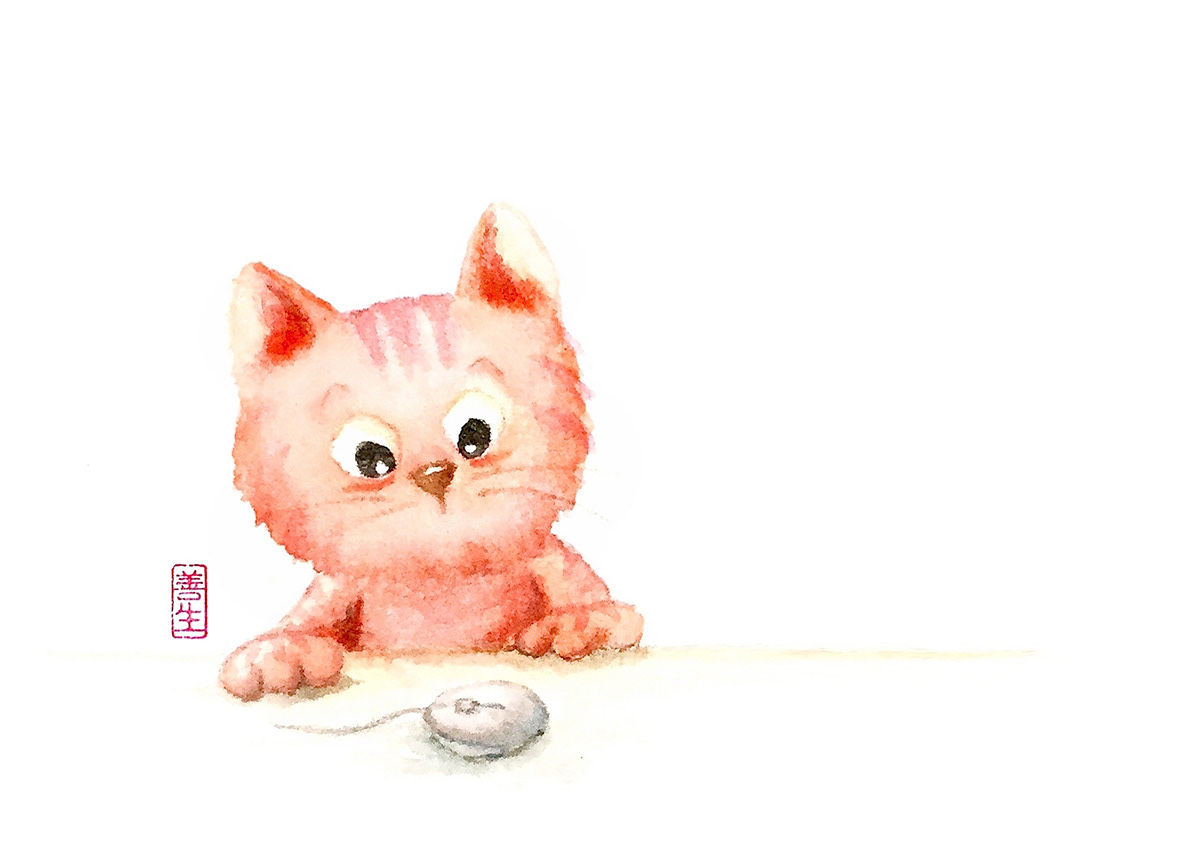 watercolor Cat kitty postcard