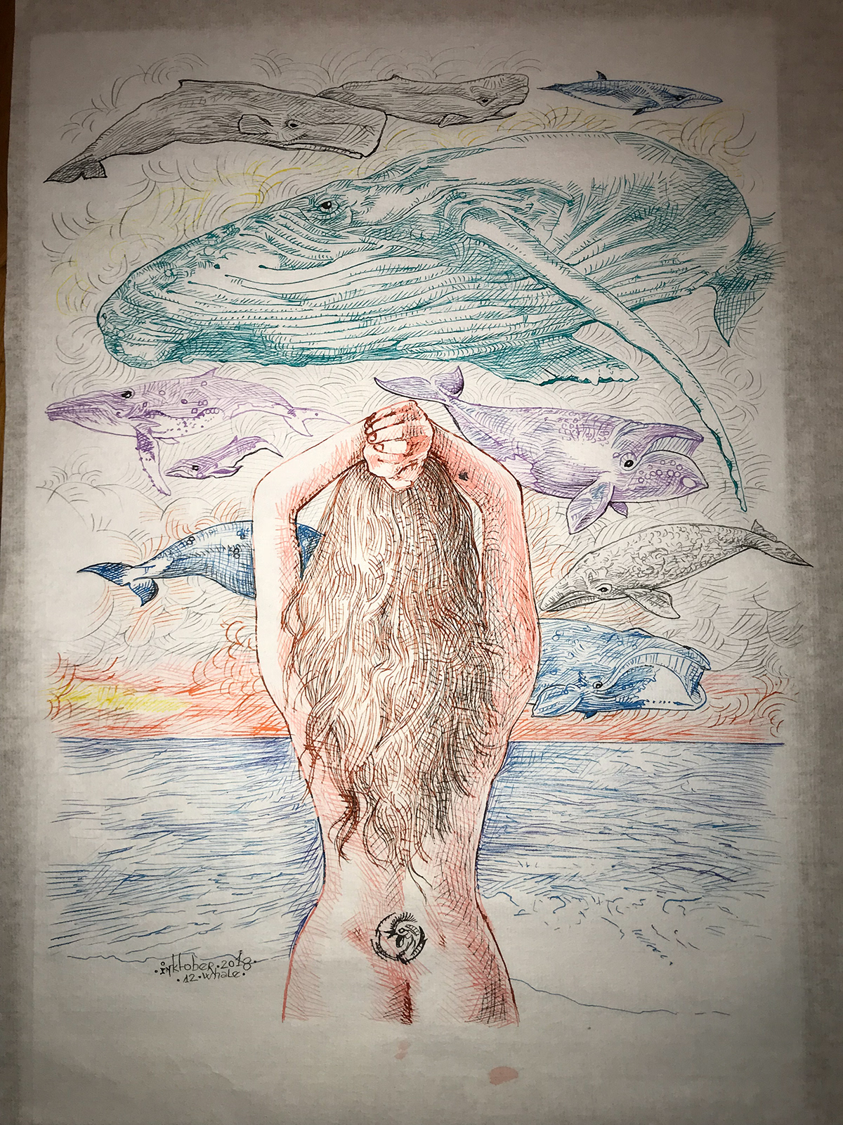 inktober inktober2018 girl Whale clouds cachalot SKY sea sunset