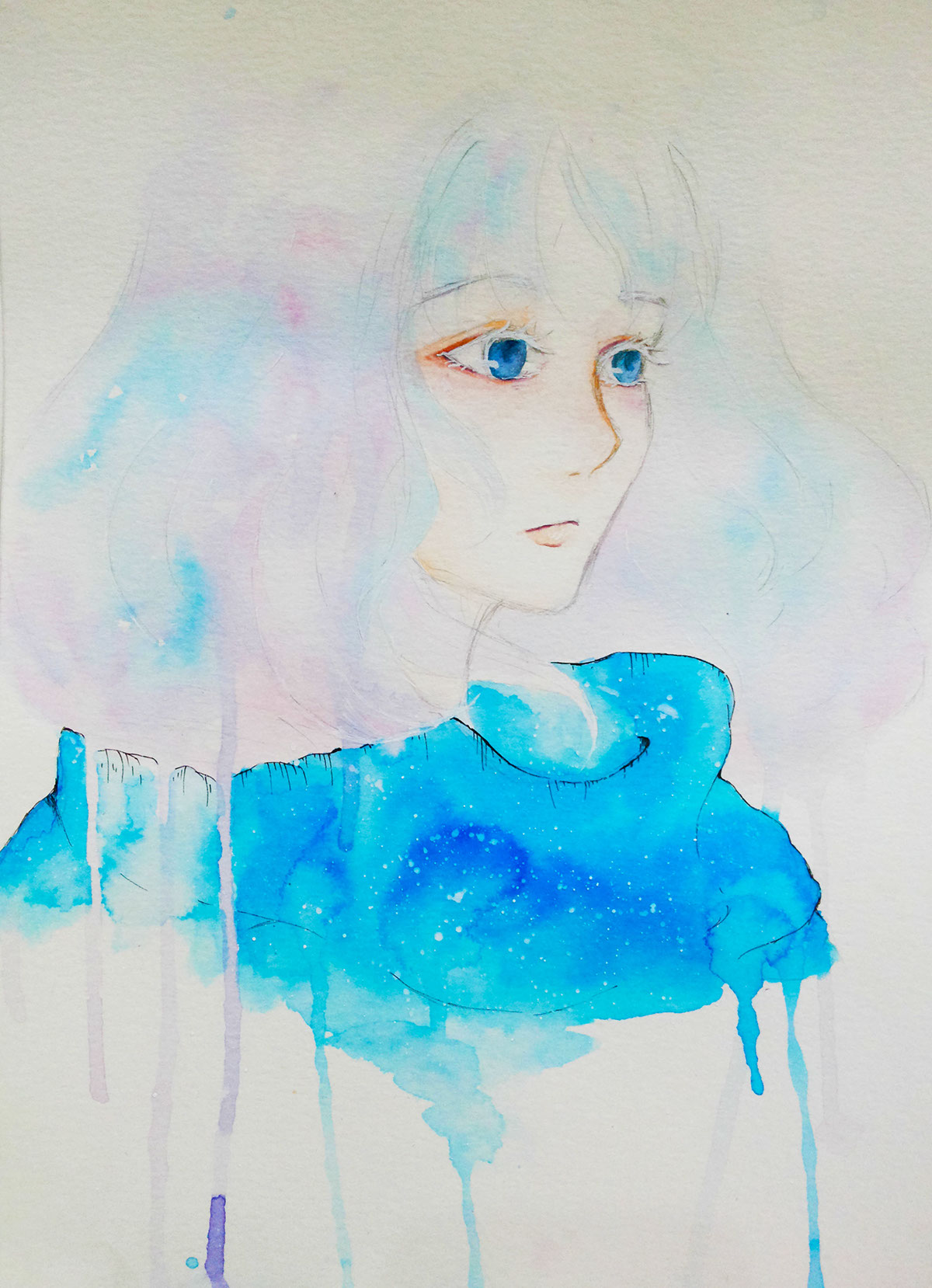 watercolor drawingpen postercolor girl Flowers