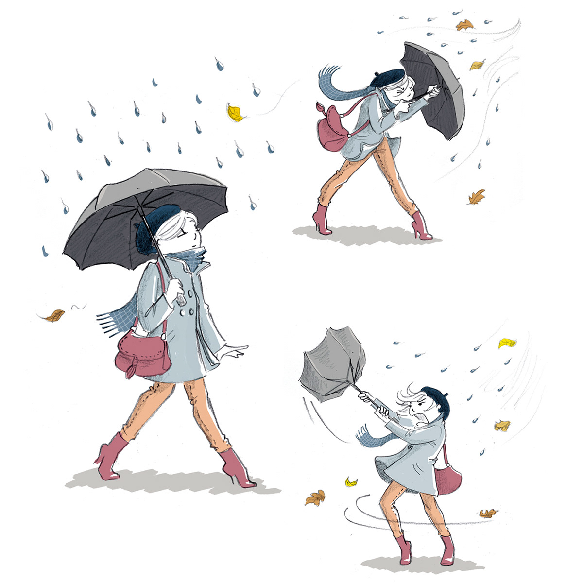 Cartoon, drawing and illustration. Young woman under an umbrella on a rainy day.