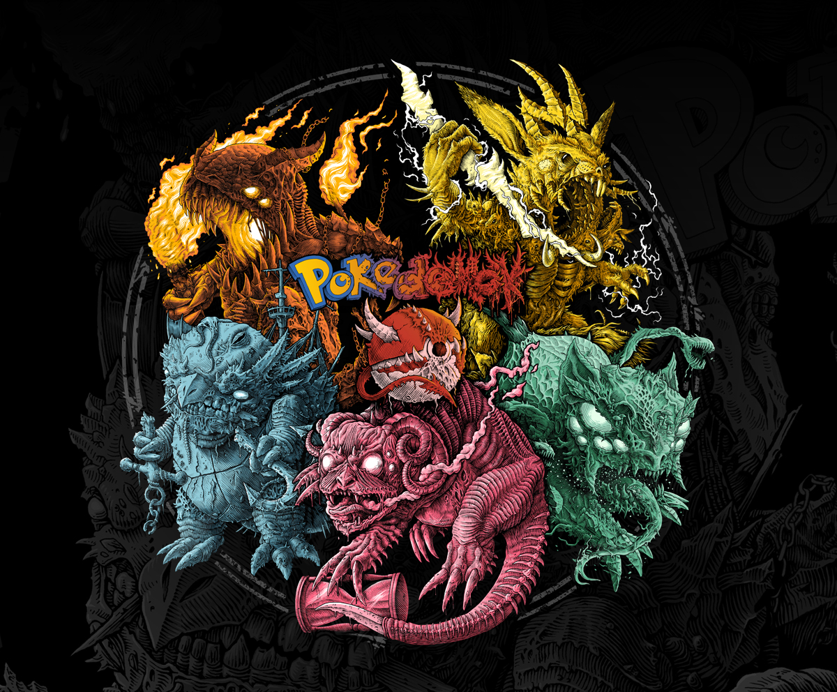 Pokemon game Character demon dark tattoo engraving metal animals ink