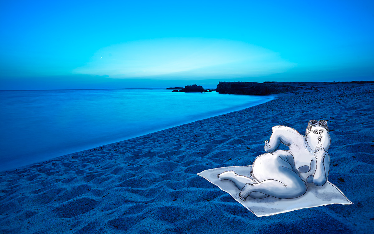 Landscape blue fat woman Metaphysics moon sea