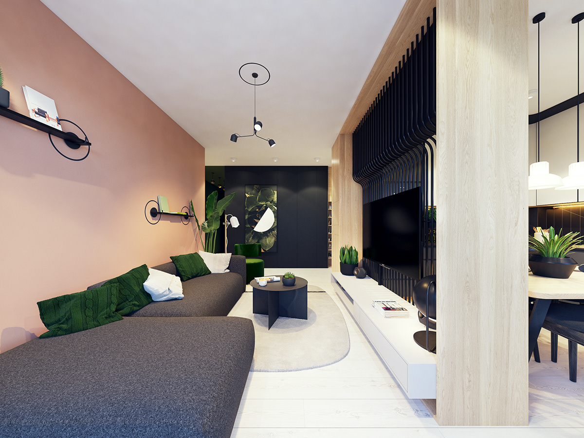 Interior design wood pine green olive pink shape bright dark