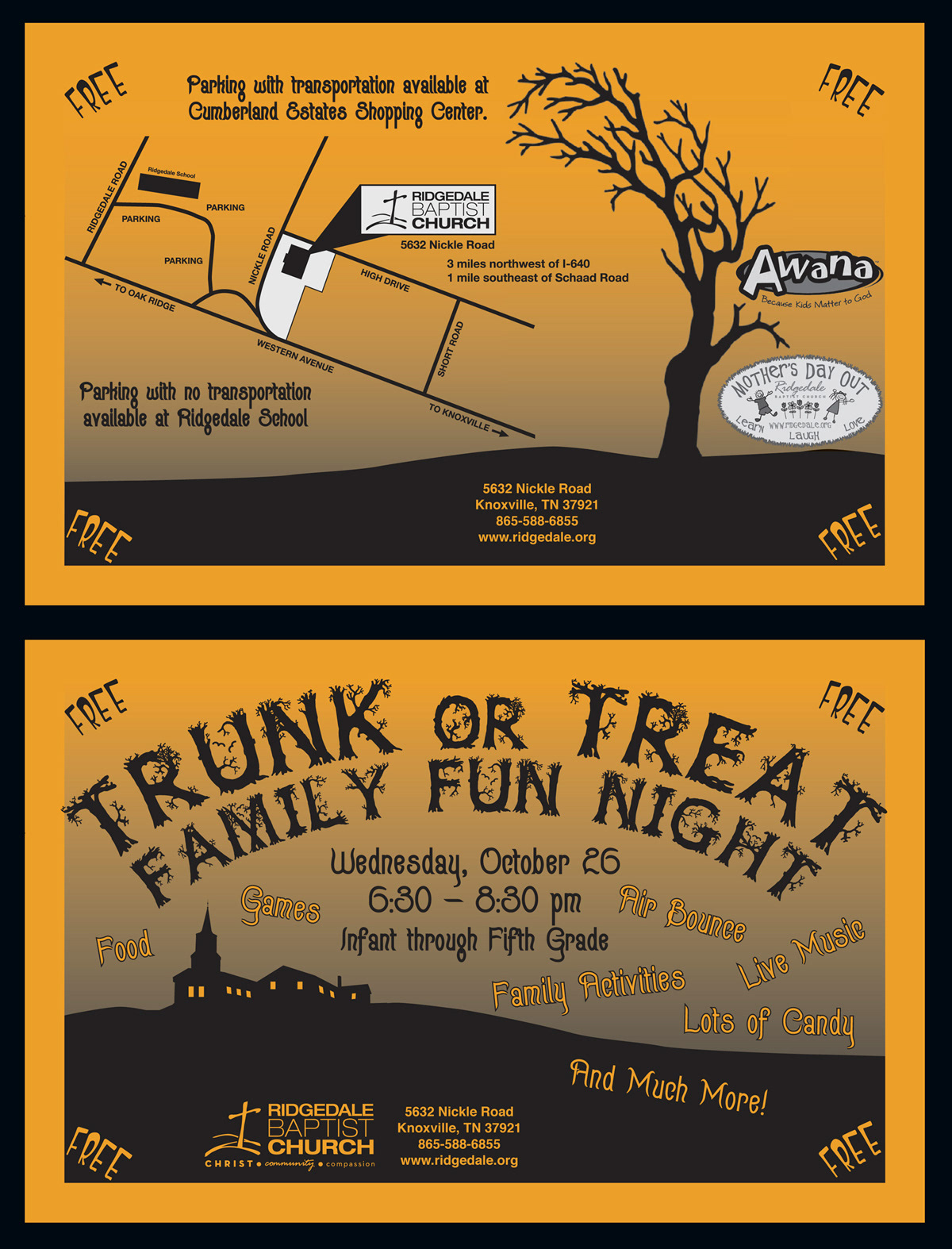 Ridgedale baptist church trunk treat Halloween flyer
