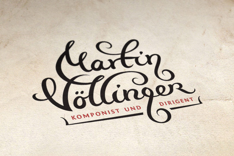 Martin Vollinger Komponist Composer musician gray black red logo sans curls curly type handwriting Violin key violin key