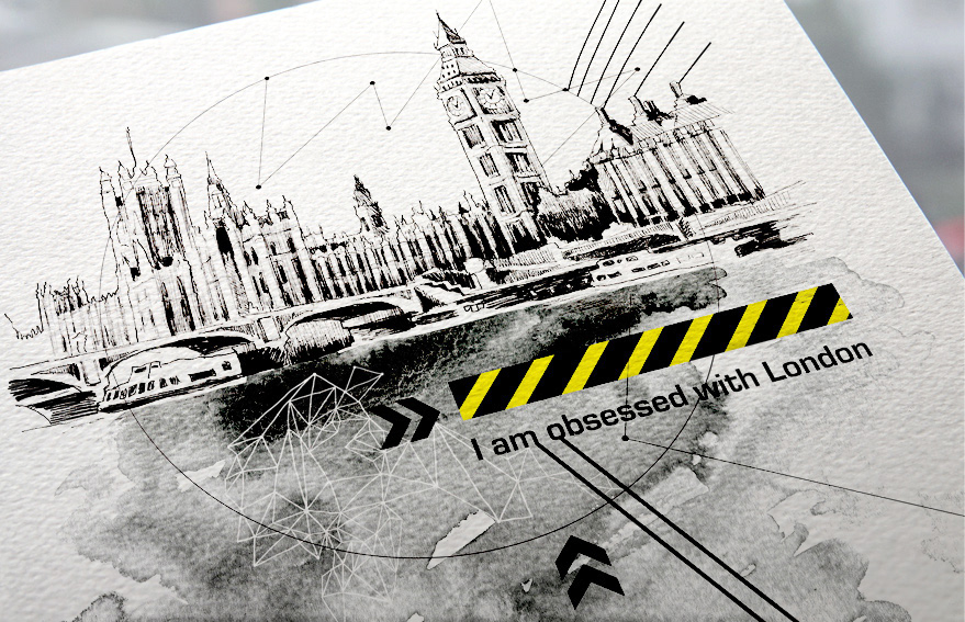 London UK draw watercolor big ben collage
