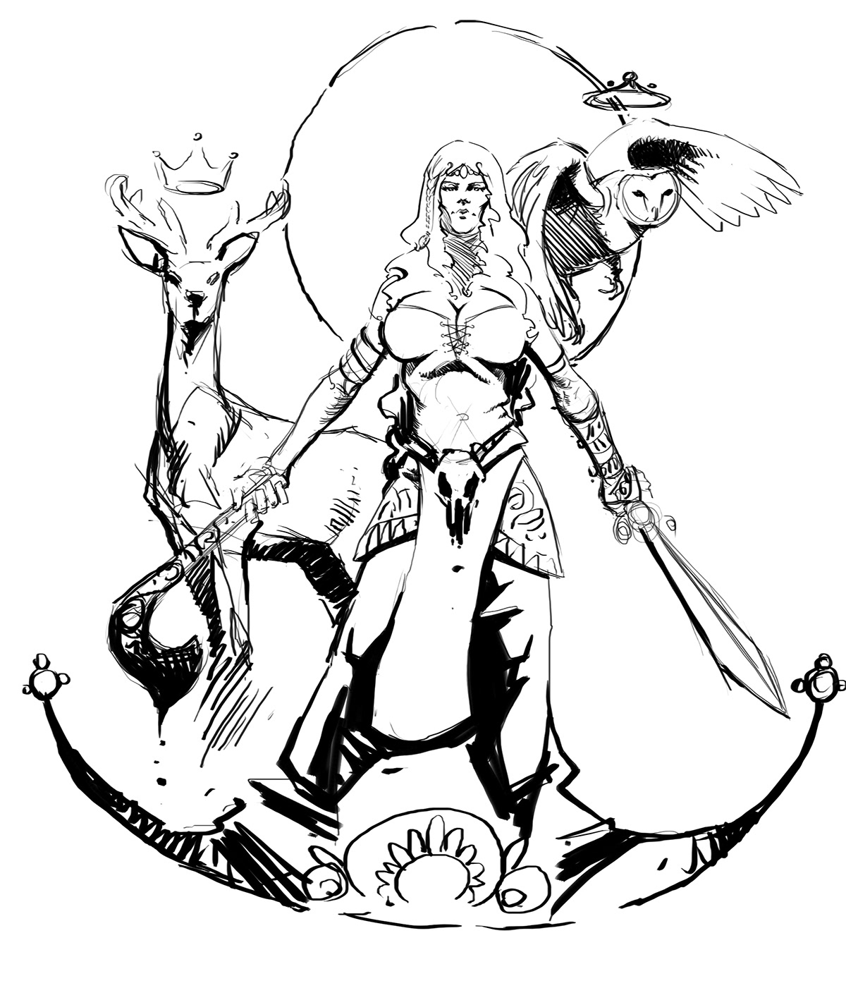 irish mythology queen maeve queen medb Red Deer barn owl tattoo tattoo design