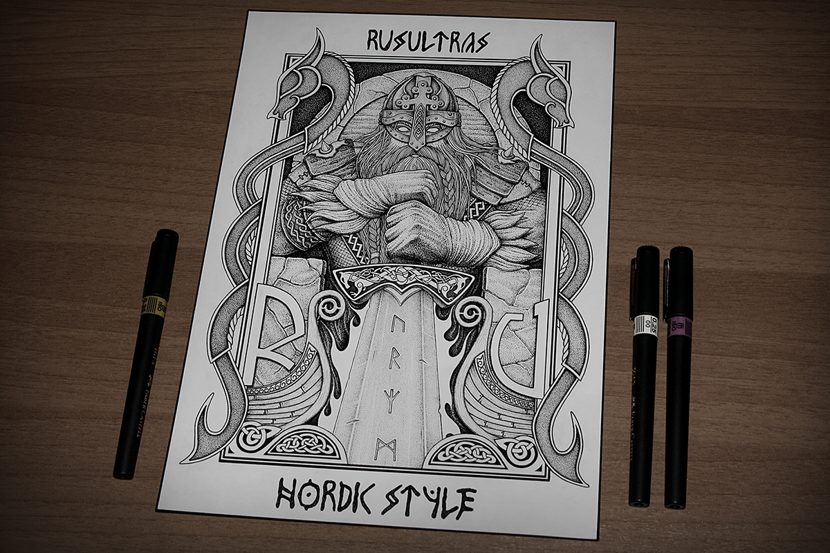 dotwork Pointillism stippling ink Odin viking warrior Sword runes nordic valhalla mythology dragons Celtic