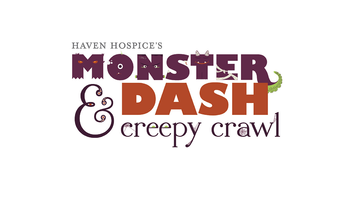 Haven hospice monster Dash creepy crawl run running 5k logo spooky haunted Halloween slime