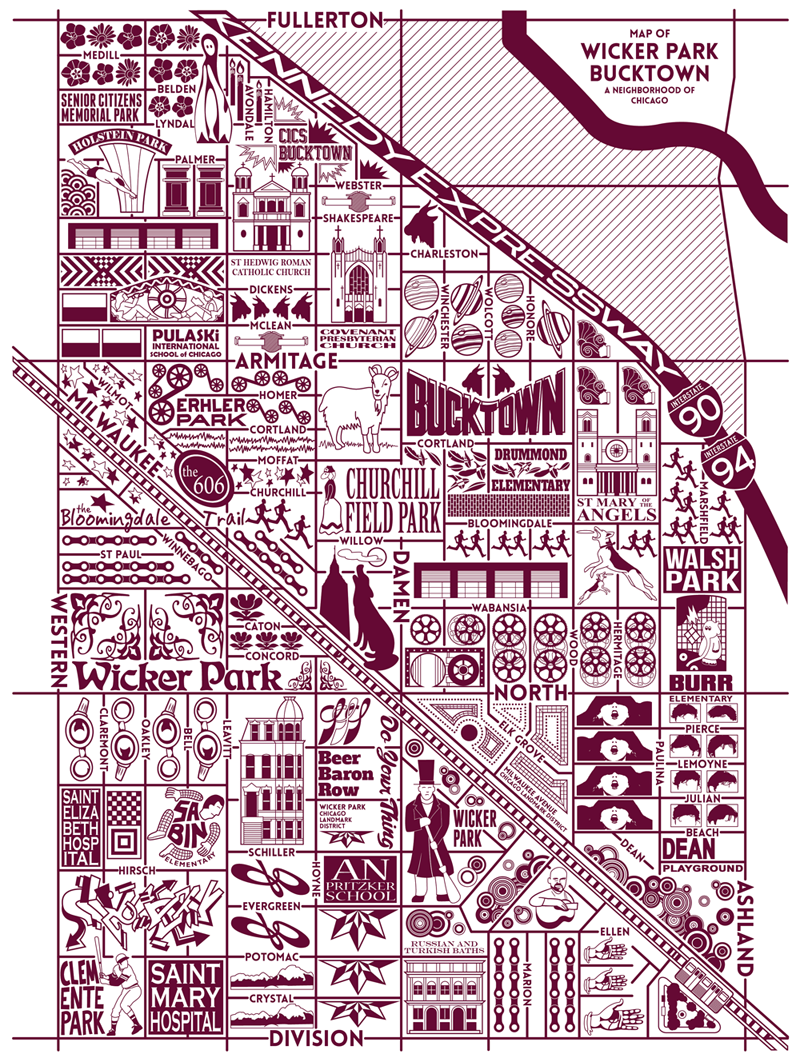 Bucktown chicago wicker park map Freelance Illustrator western Ashland north Milwaukee neighborhood
