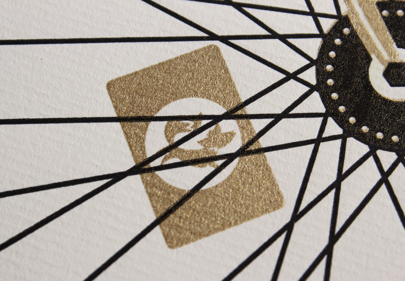 Bike letterpress vandercook screenprint metallic ink glow crank Spoke Cards papergirl SF spoke print black light art supplies