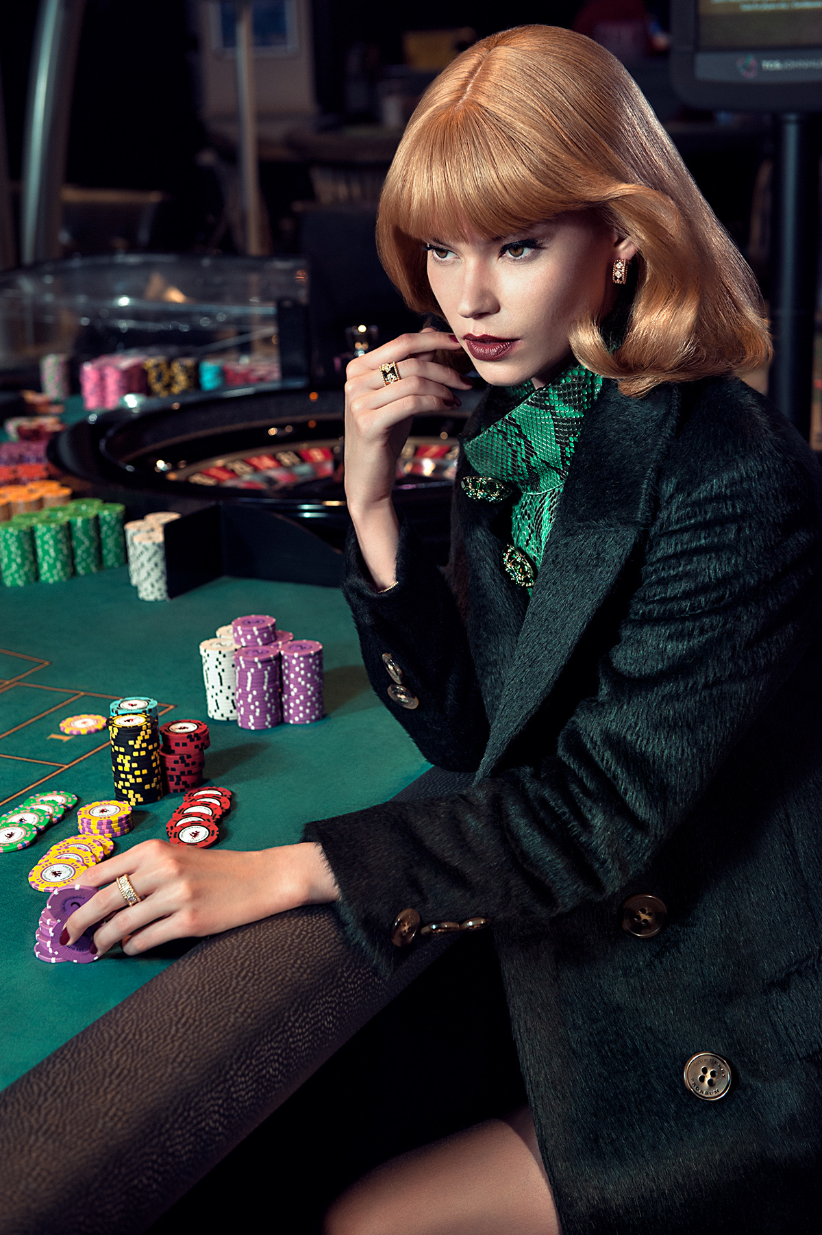 editorial casino 70s glamour Classic Hitchcock beauty model location London