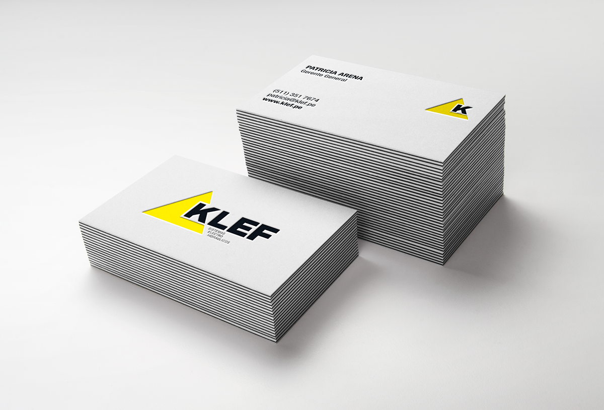 Klef construction figurative geometric logo yellow machine clean identity corporate black stationary mock up concept