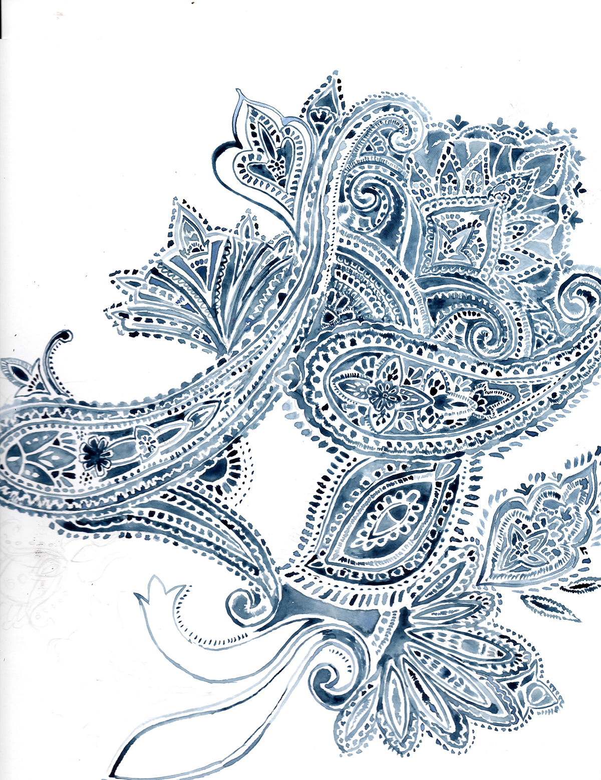 textile print pattern Indigo watercolor fabric paisley tribal