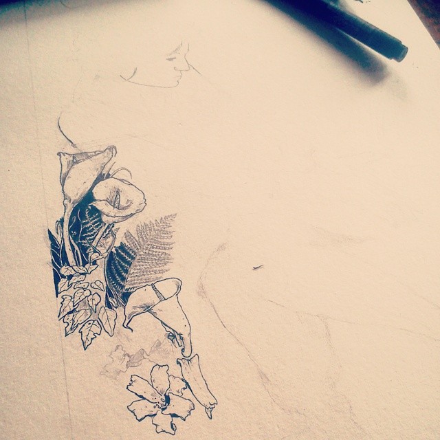 sketching ink Fineliners woods forest Flowers detail girl dark deer irish