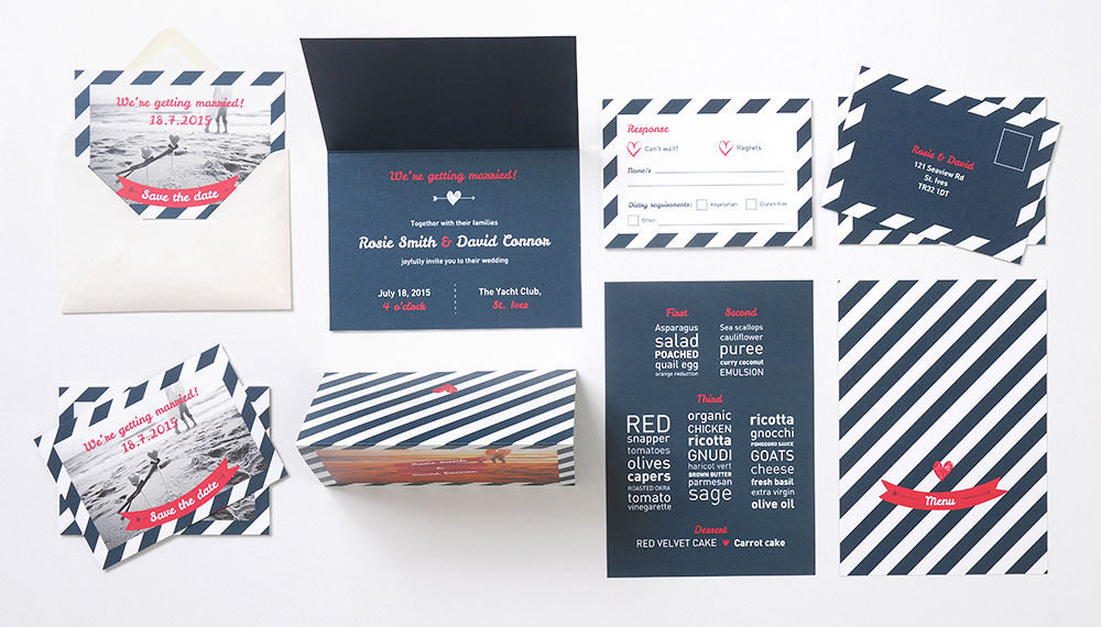 wedding Stationery print brand stripe blue White invitations rsvp envelope suite