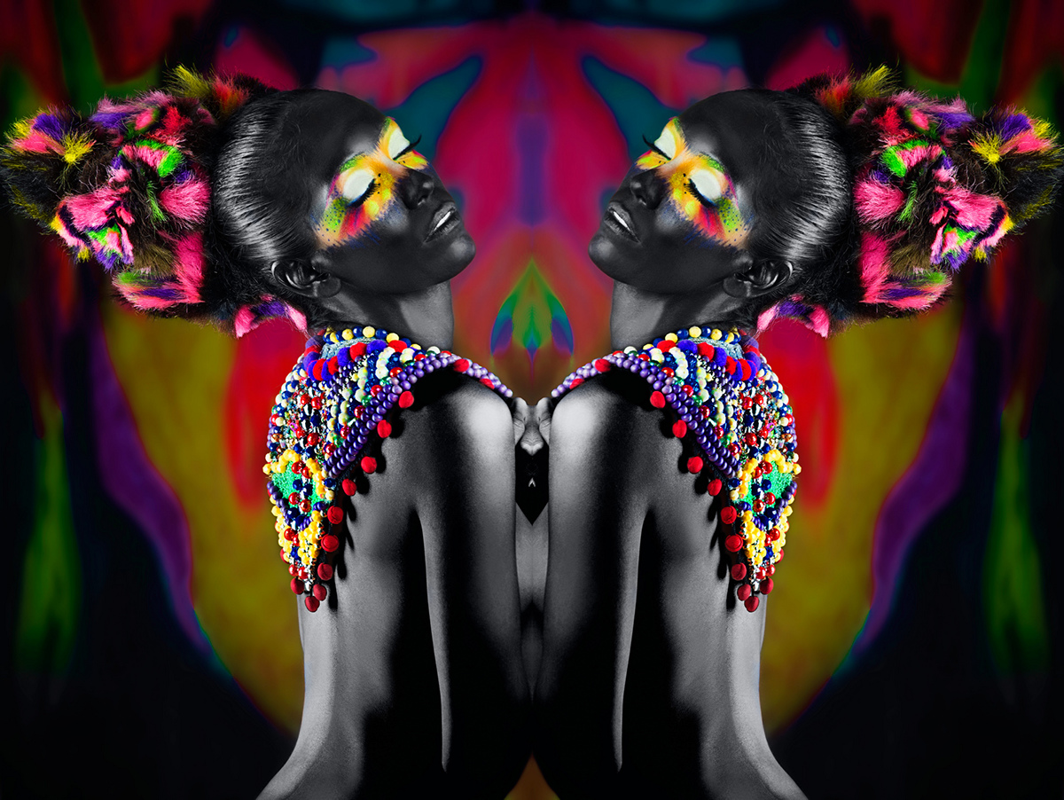 Hindu Black Skin colors model psychedelic goddess surrealism Make Up MUA hairdresser jewlery Mexican