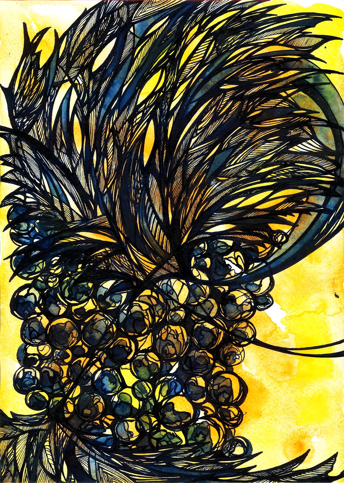 strasbourg france alsace grapes Raisins ink Encre blue yellow watercolor Aquarelles peinture mixed media