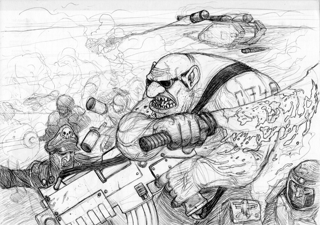 Warhammer pencil pen ink sketch chaos nurgle ogryn imperial guard beastmen Dreadnought chosen creature monster concept