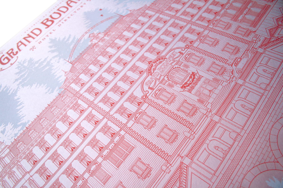 grand budapest hotel wes anderson pink diagram chart schematic directory screen print poster movie