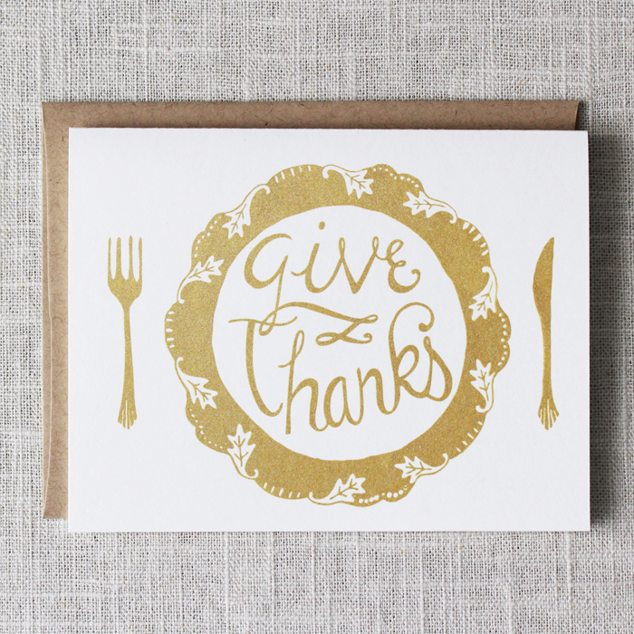 card place card thanksgiving Give Thanks gold ink screen print Stationery