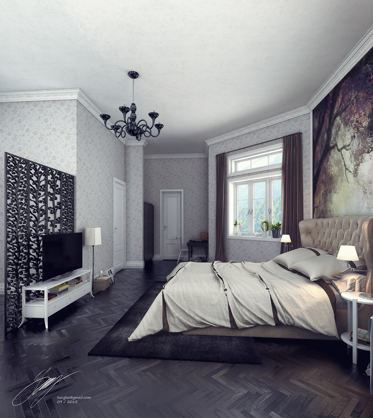 black floor black brown Black Wood wall art Wall draw modern Classic bedroom furniture Tunglex Render vray