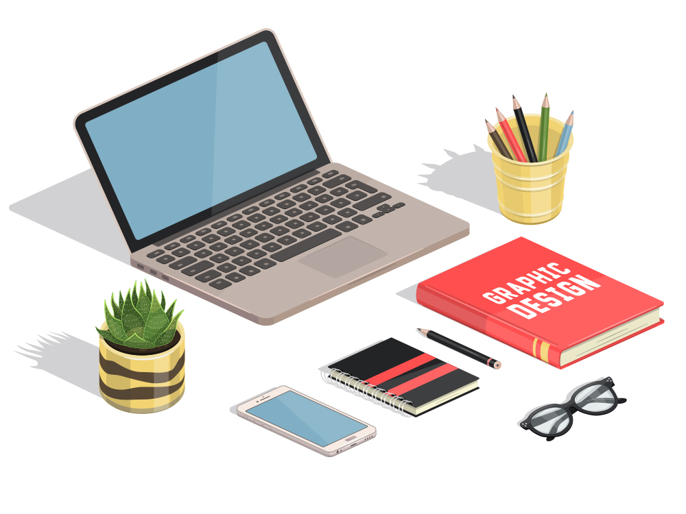 workspace Isometric iphone macbook table Office ILLUSTRATION  vector flat 3D
