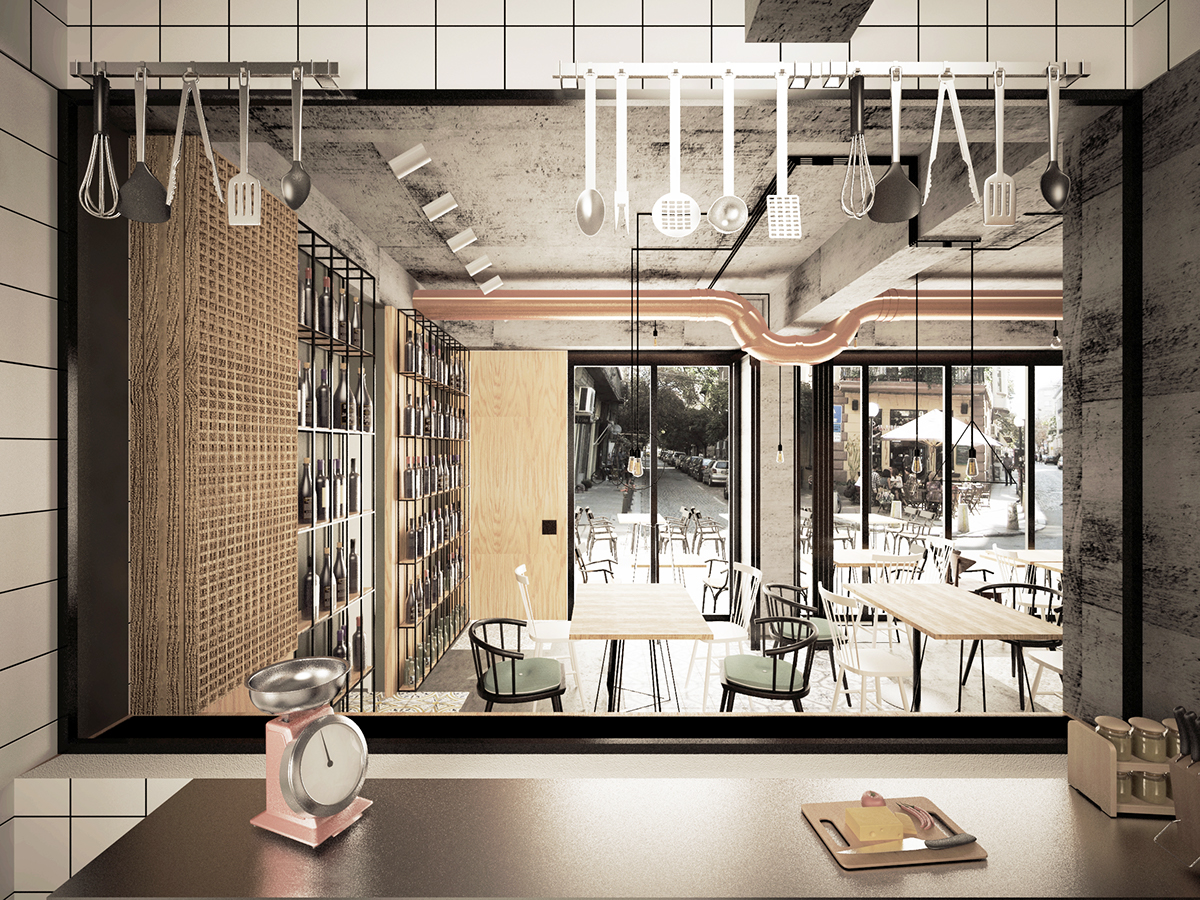 architecture interior design  furniture tapas bar restaurant small wood metal tiles