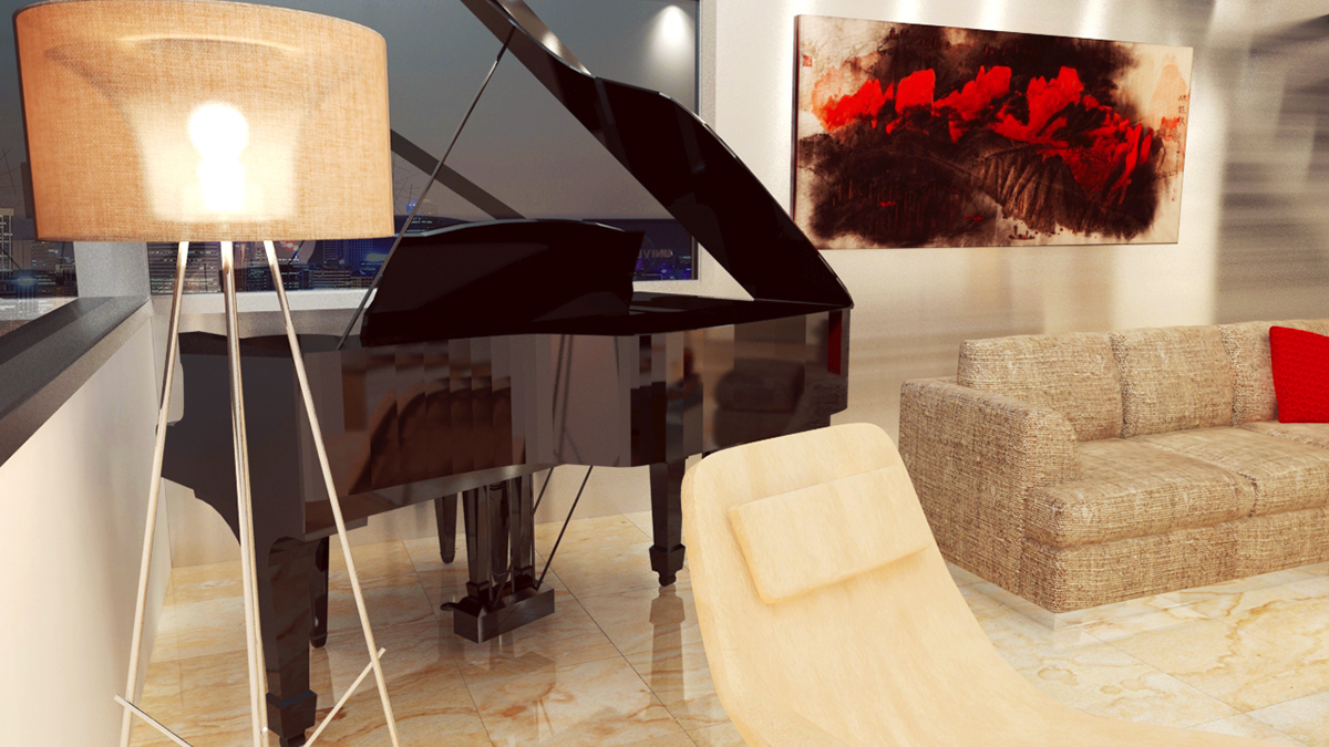 design interiors 3D living room contemporary luxurious cityscape digital Render mental ray Marble lightning digital artist rendering