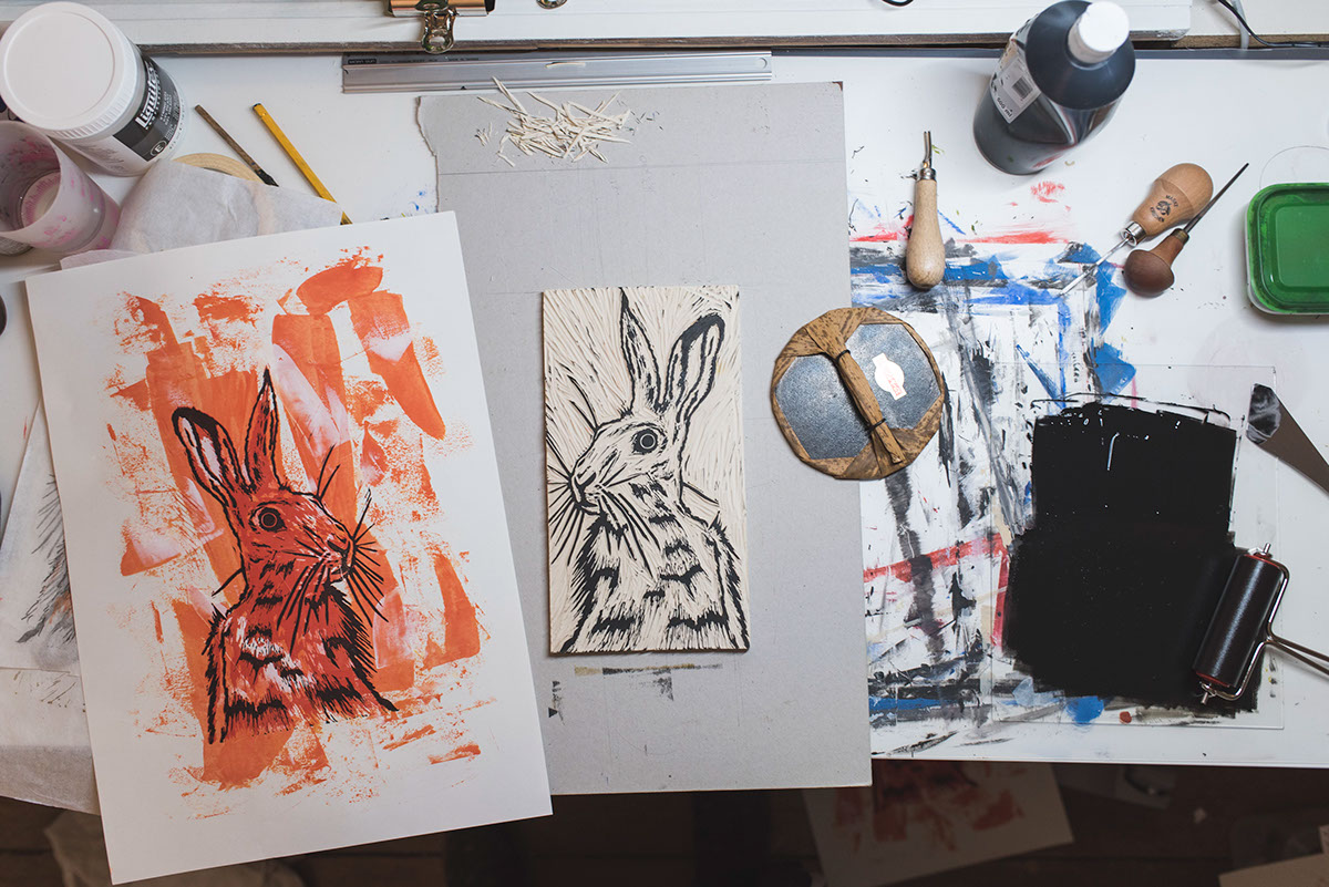 lino linocut rabbit print reduction