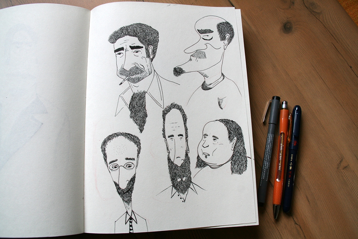 ink pen sketch characters detail hair afro beards