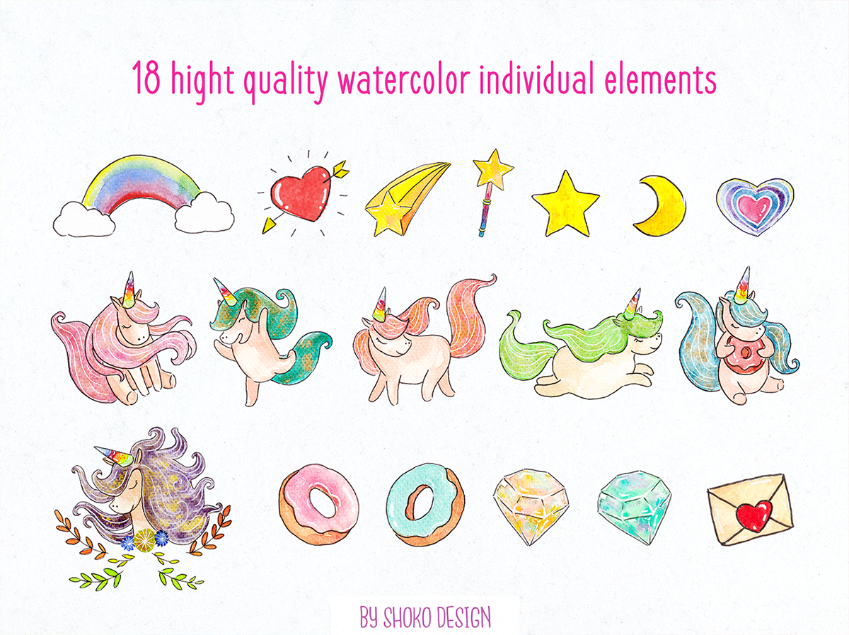 unicorn rainbow watercolor hand drawn Patterns textures Drawing 