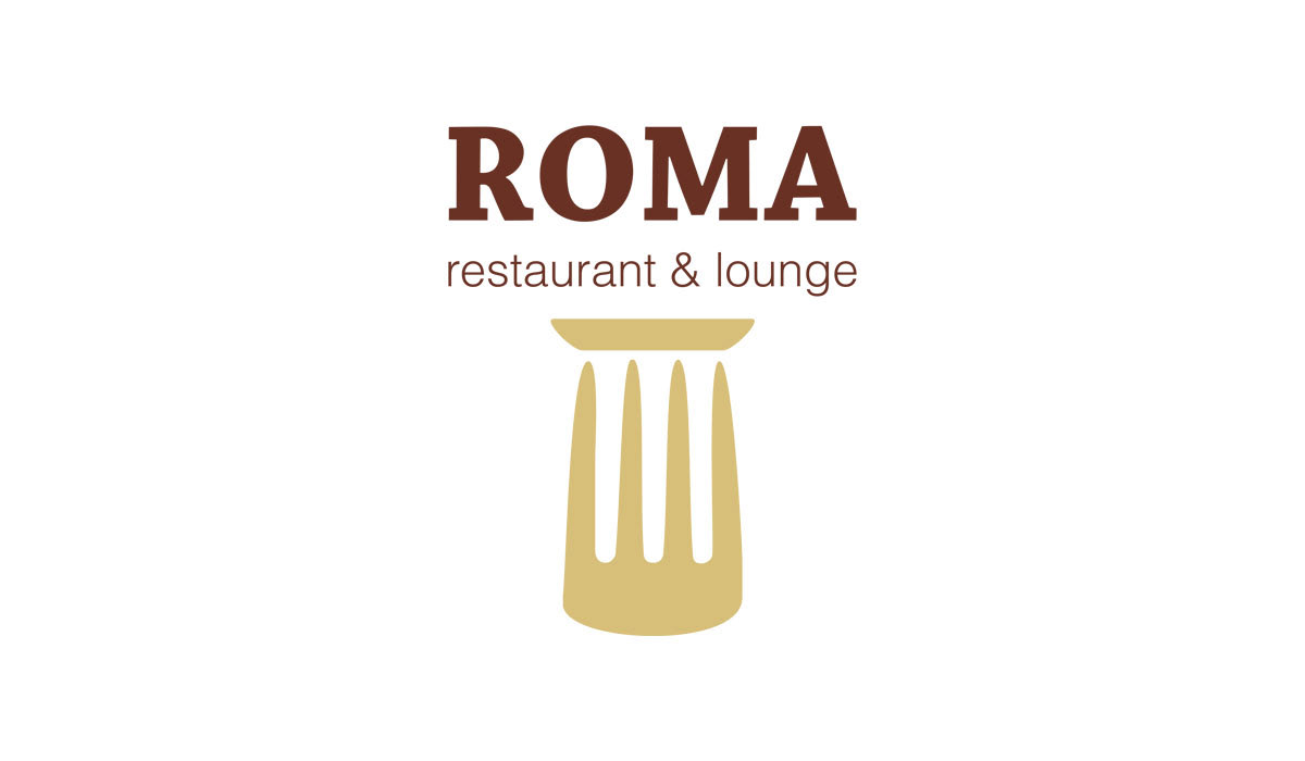 ROMA restaurant logo ROMA logo design Italian restaurant logo roman column logo plate and fork stone color logo