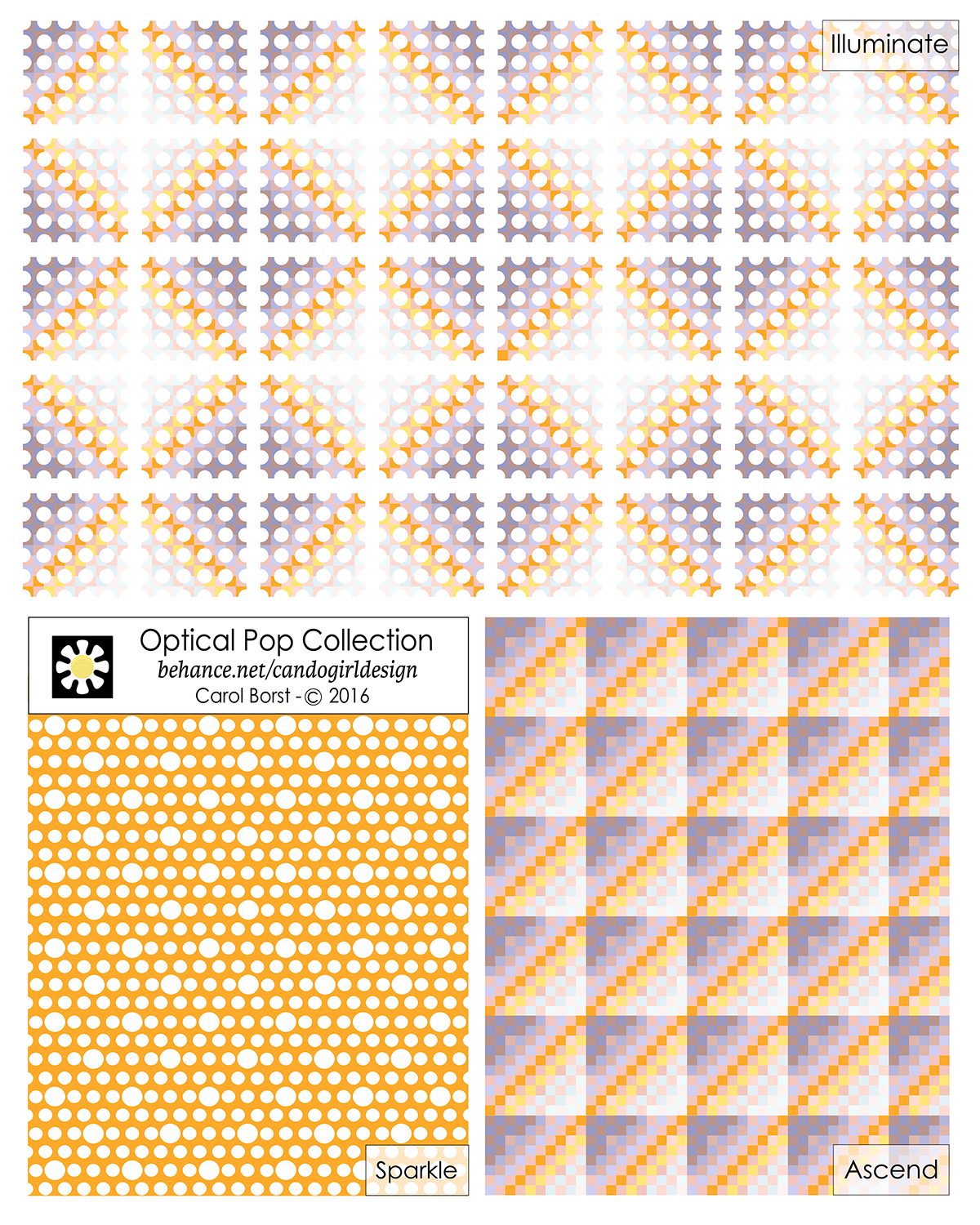 geometric design retro 60's op-art Retro 70's Design Blue-violet orange golden yellow diamond shapes checkerboard pattern trippy mod