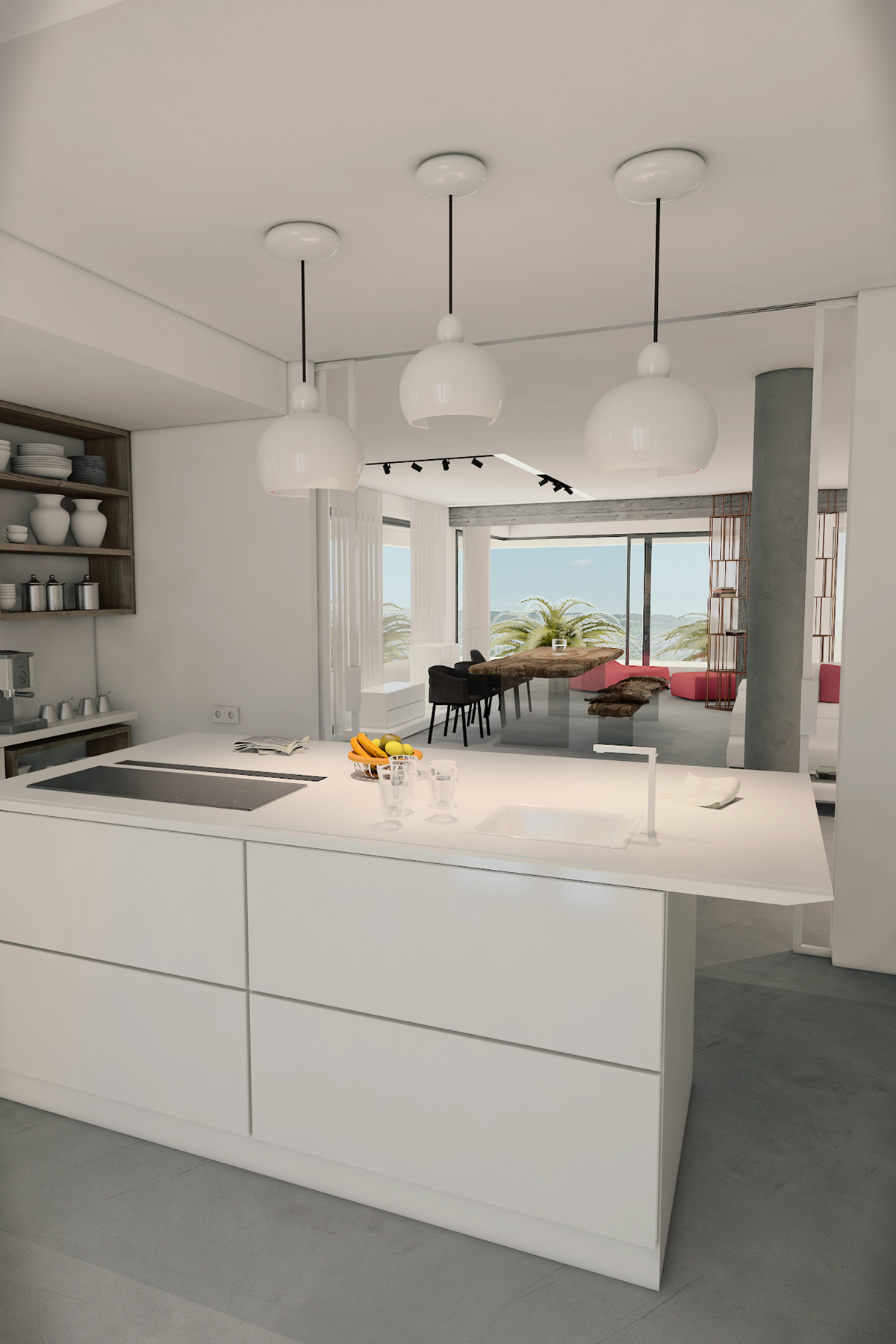 Interior design 3D Visualization rendering livingroom dining room kitchen sofa fireplace