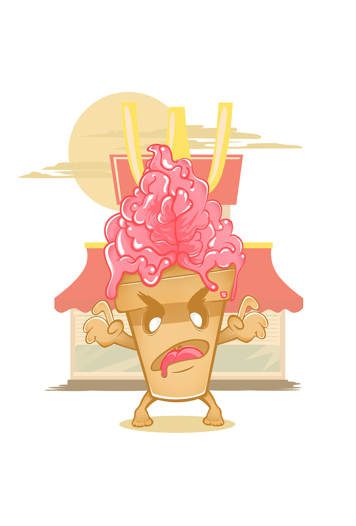 Fun zombie sundae ice cream brain gore vector Character mcdo cone strawberry cream pink brown allen