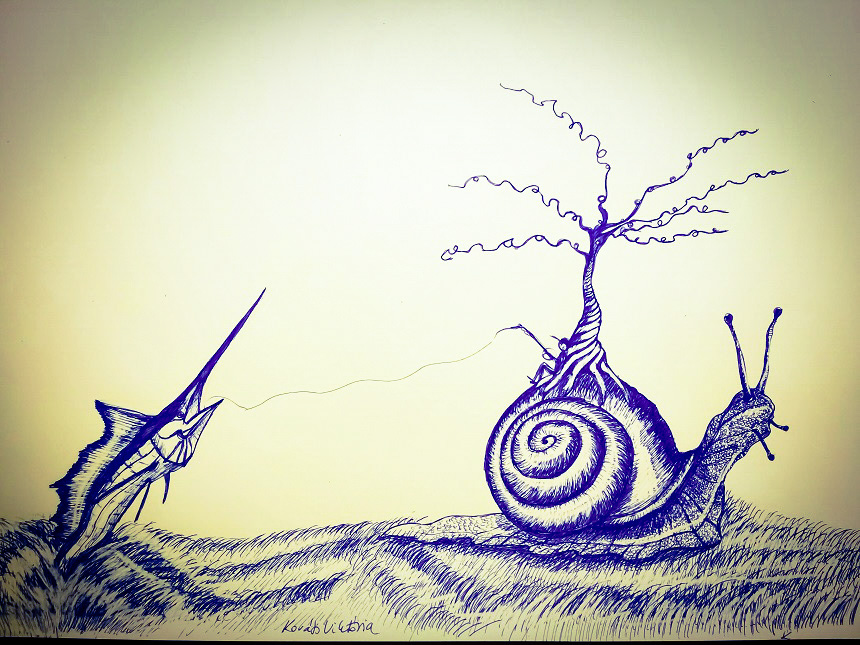 ink pen paper Tree  swordfish surreal snail fishing