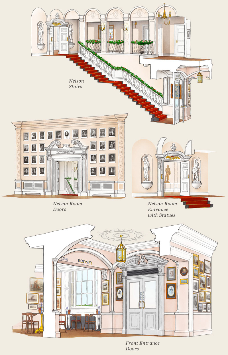 cutaway crosssection Interior Tavern bar pub greenwich London detailed infographic